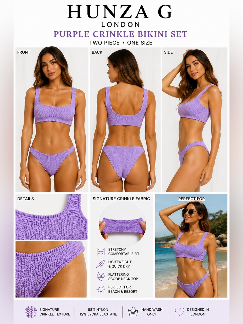 Hunza G London Pink Crinkle Bikini Set Scoop Neck Two Piece Swimsuit